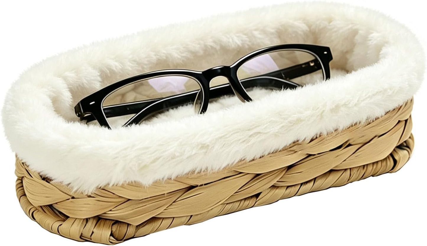 Water Hyacinth Plush Lined Glasses Holder Stand for Nightstand | Anti-scratch Eyeglass Holder for Kids,Protective Glasses Holder Case, Storage Organizer for Office Desk