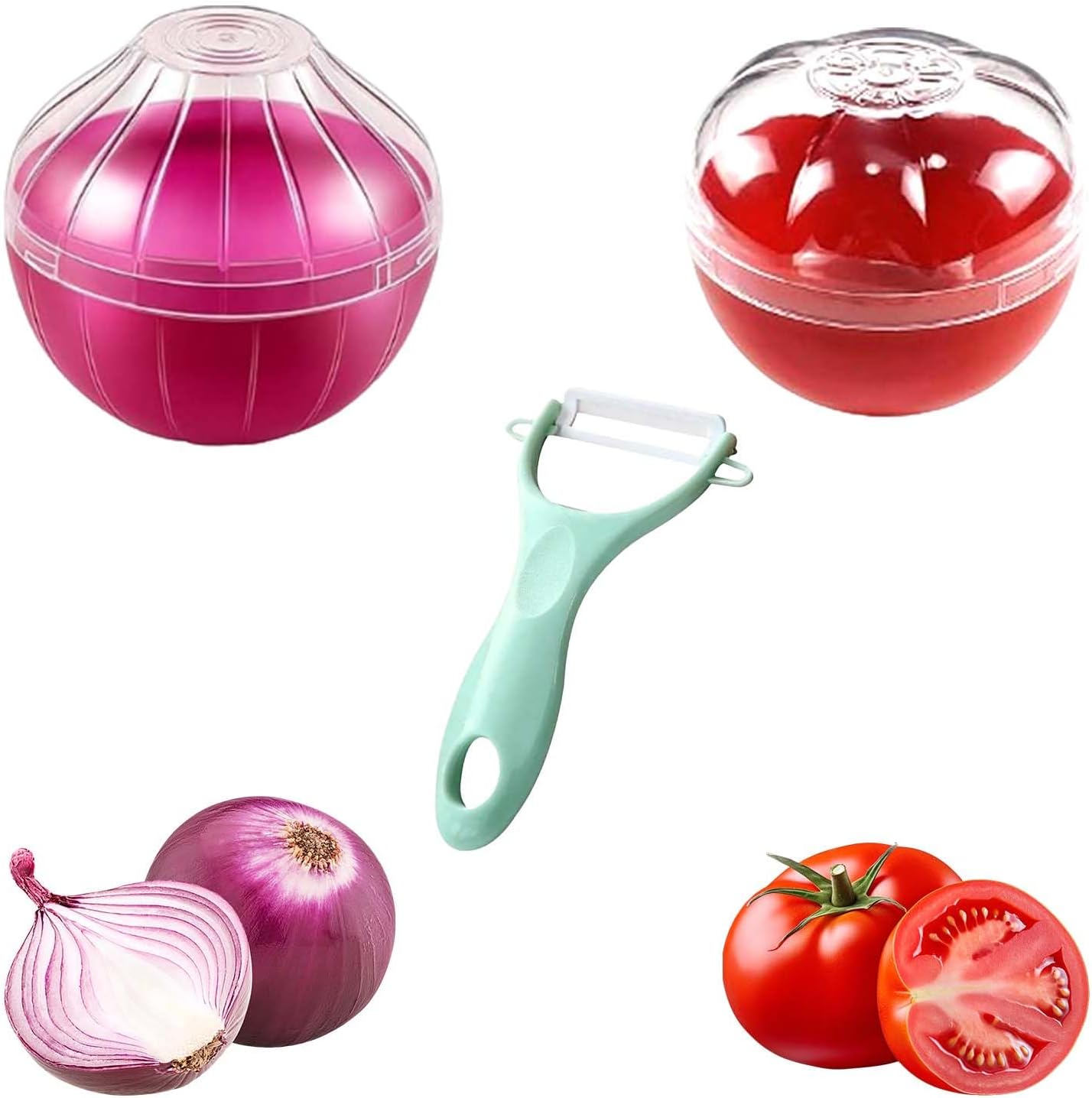 2PCS Tomato and Onion Storage Containers with Peeler, Freshness Keepers for Onion and Tomato, Ideal for Fridge Vegetable Crisper, Keeps Food Fresh Longer