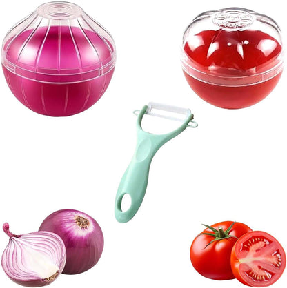 2PCS Tomato and Onion Storage Containers with Peeler, Freshness Keepers for Onion and Tomato, Ideal for Fridge Vegetable Crisper, Keeps Food Fresh Longer