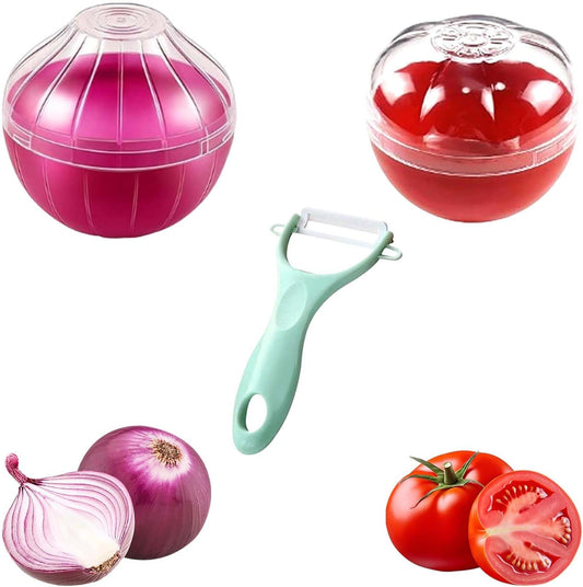 2PCS Tomato and Onion Storage Containers with Peeler, Freshness Keepers for Onion and Tomato, Ideal for Fridge Vegetable Crisper, Keeps Food Fresh Longer