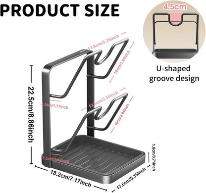 Kitchen Pot Lid Storage Rack, Pot Lid Holder While Cooking for Countertop | Stainless Steel Pot Lid Rack, Kitchen Countertop Organizer Removable Drip Tray, Lid Cutting Board Ladle Storage for Stove Top