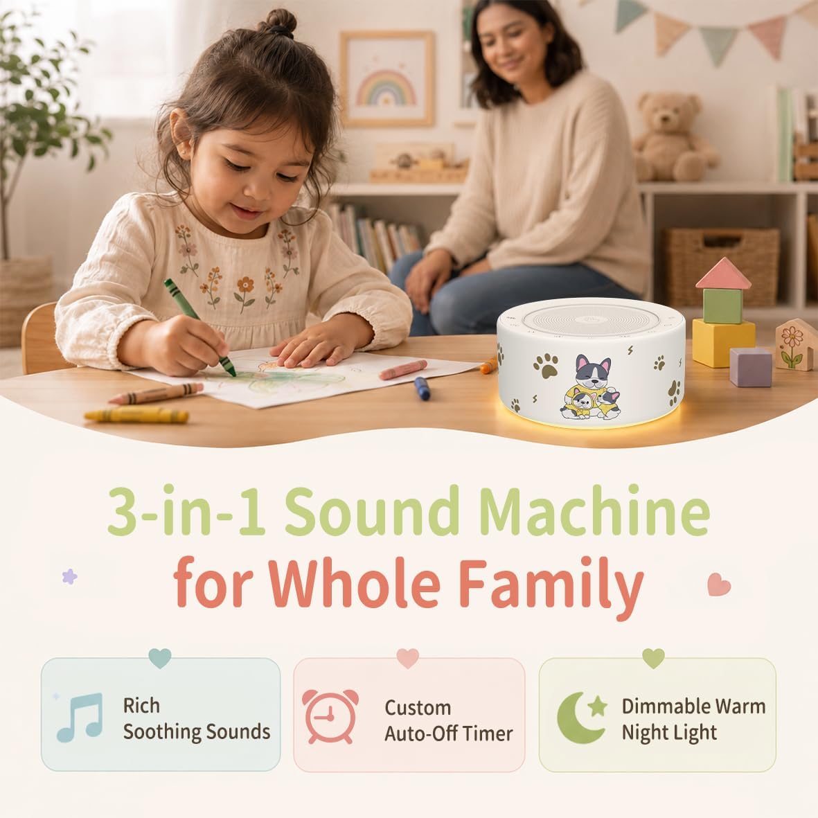 Kipcush White Noise Machine for Baby & Adults, 30 Soothing Sounds, Sleep Sound Machine with 8 Color Night Light, Memory Function, White Noise for Sleeping, Nursery, Office, Travel & Relaxation