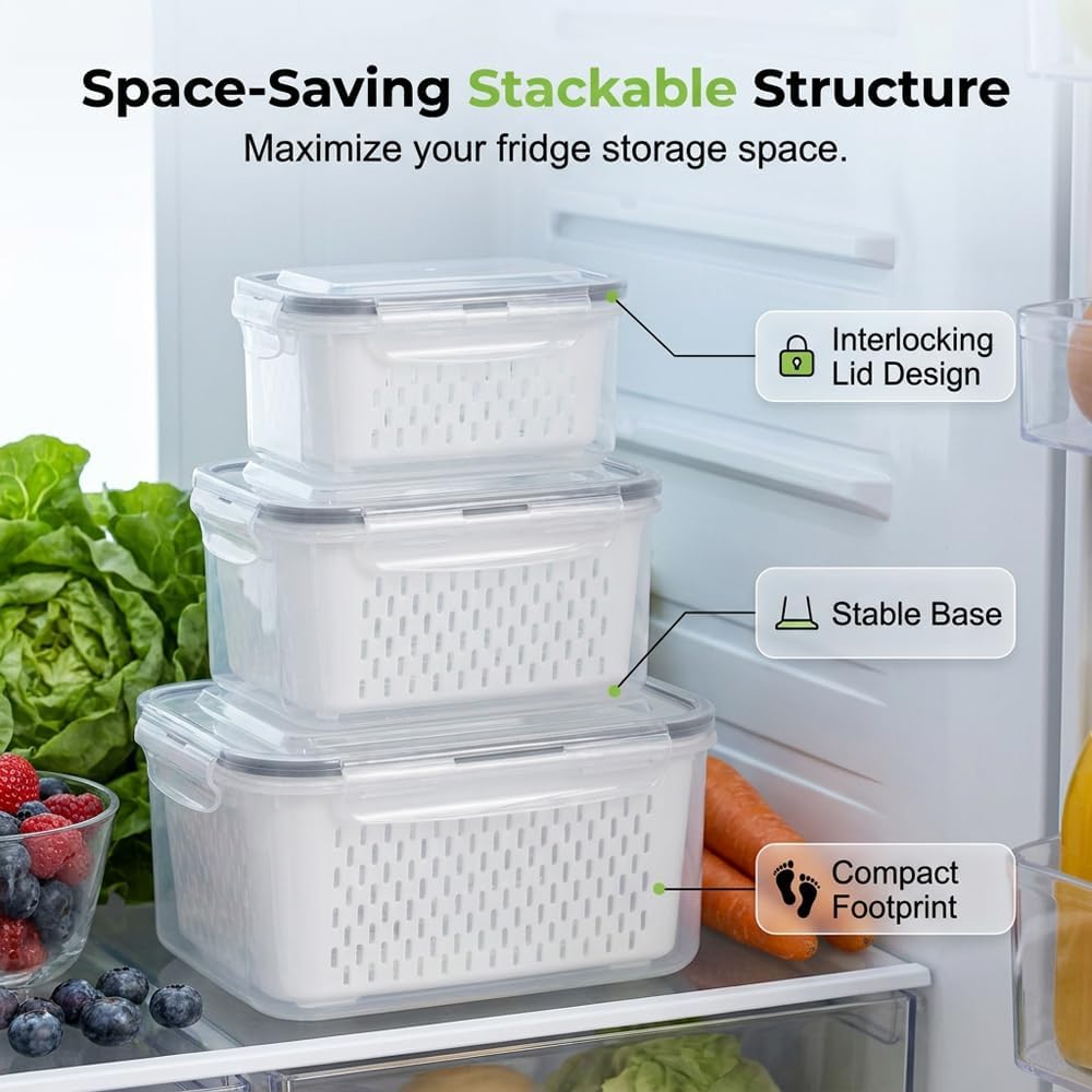 Fruit Storage Containers for Fridge with Removable Colanders and Lids | 4-in-1 Multifunctional transparent plastic produce containers, leakproof fridge organizers for Fruit, vegetables & meal prep