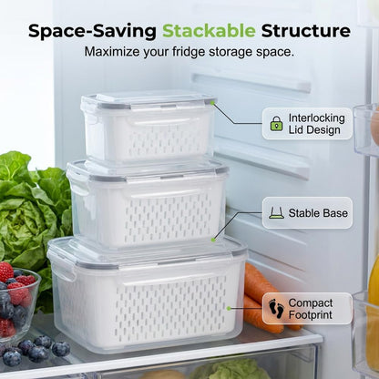 Fruit Storage Containers for Fridge, 2026 New Airtight Produce Storage Containers with Lids, Stackable Refrigerator Organizer Bins for Berries, Vegetables, Lettuce, Grapes (Blue, Small)