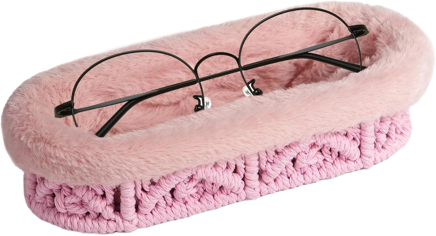 Glasses Holder, Anti-scratch Plush Lined Eyeglass Holder Stand | Oval Eye-glasses Storage Organizer Case for Nightstand, Office Desk, Bedside Table, Beige