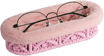 Glasses Holder, Anti-scratch Plush Lined Eyeglass Holder Stand | Oval Eye-glasses Storage Organizer Case for Nightstand, Office Desk, Bedside Table, Beige