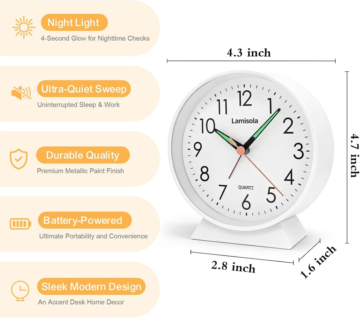 4.5 Inch Small Desk Clock Battery Analog Alarm Clock for Bedroom, Black