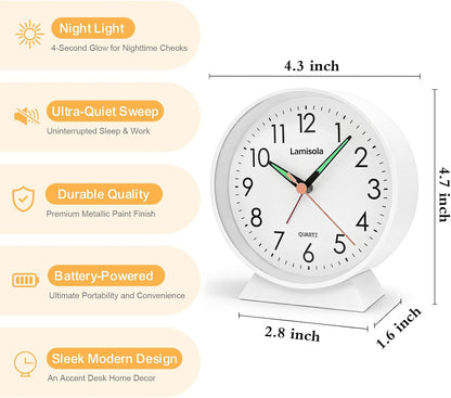 4.5 Inch Small Desk Clock Battery Analog Alarm Clock for Bedroom, Black