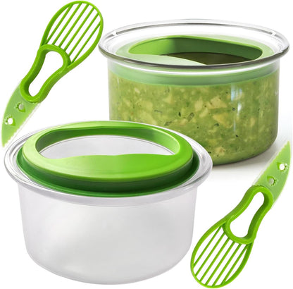 2 Pack Guacamole Keeper, With Green Airtight Lid And Avacado Multi-Functional Cutting Tool, Avocado Container, For Guacamole, Fruit, Salad Storage