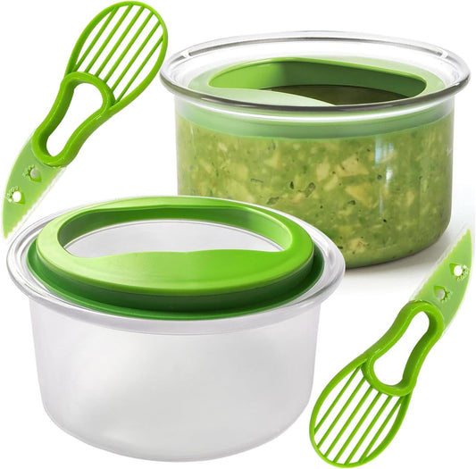2 Pack Guacamole Keeper, With Green Airtight Lid And Avacado Multi-Functional Cutting Tool, Avocado Container, For Guacamole, Fruit, Salad Storage