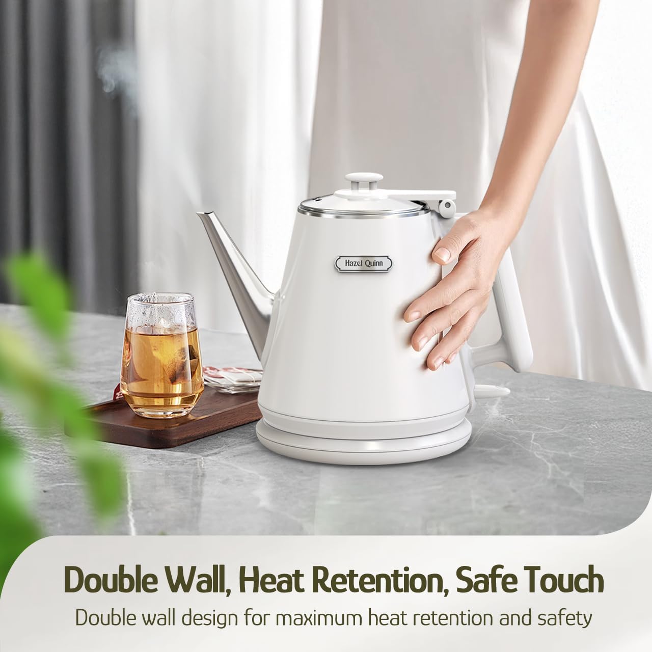 Hazel Quinn Electric Kettle, 1L/34oz Small Tea Kettle - Pearl White | 800W Fast Boil, 304 Stainless Steel Interior, Double-Wall Cool Touch, Gooseneck Spout, Auto Shut-Off, BPA-Free Cordless Home