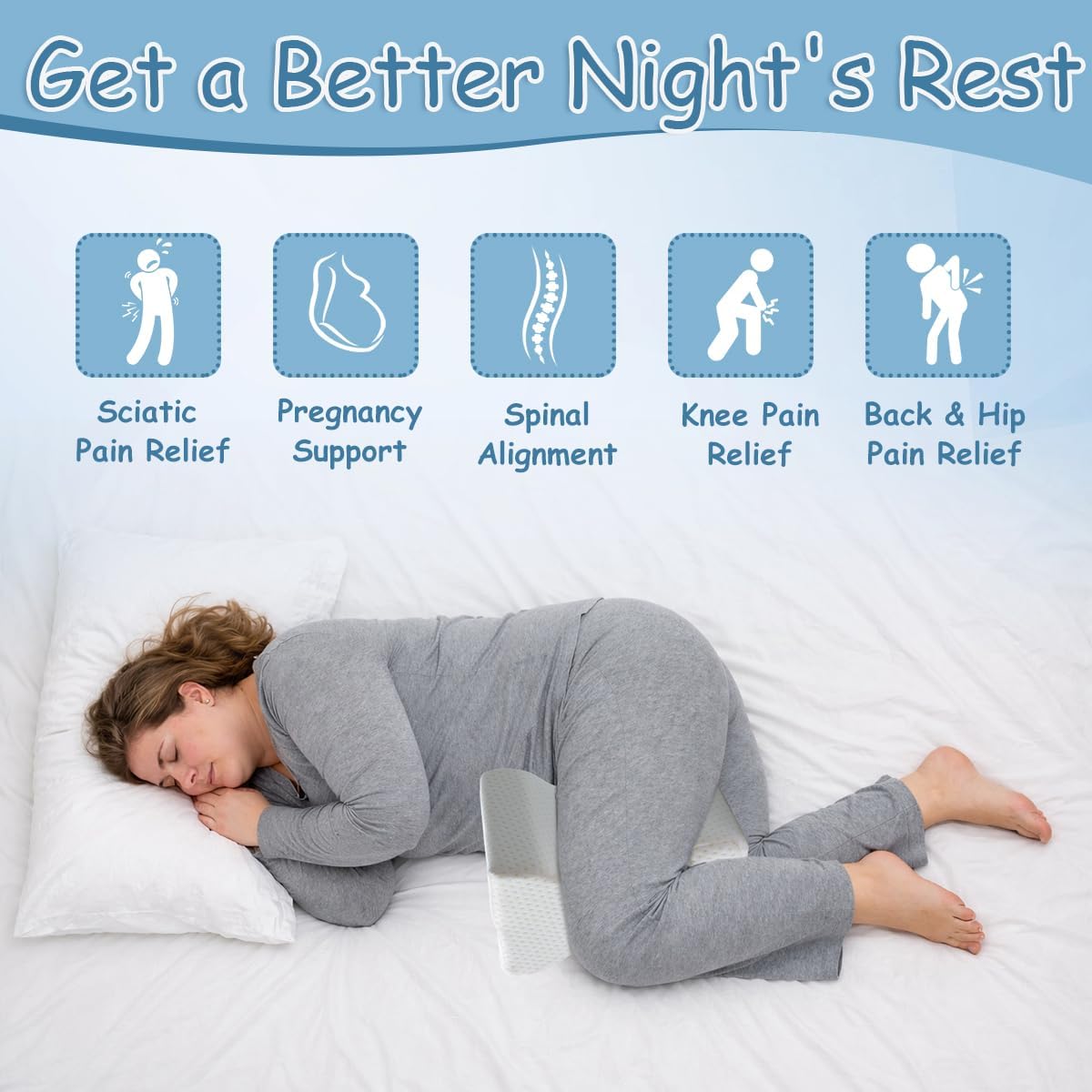King Mills Plus Size Knee Pillow for Sleeping, Extra Large | Side Sleeper Pillow Between Legs, Memory Foam Ergonomic, For Back Pain and Sciatica, Two Replaceable Cover