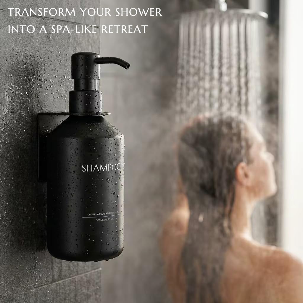 Shampoo and Conditioner Dispenser Set of 3 for Wall Mount | 16.9 fl oz Drill Free Shower Soap Bottles,Refillable Body Wash Dispensers for Bathroom Decor (Amber Bottles + Bamboo Pumps)