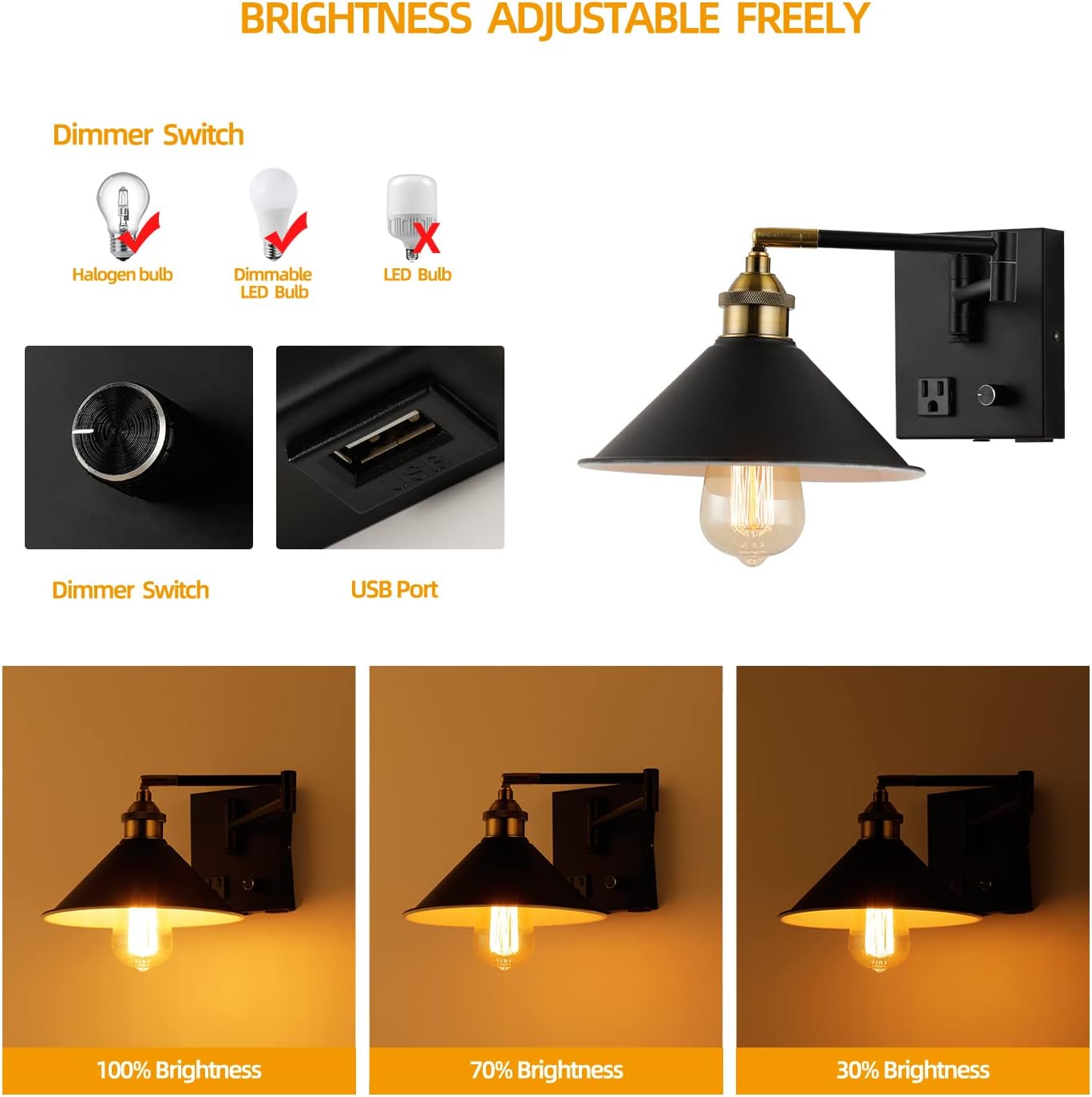 Bedside Wall Mount Light with Dimmable Switch and Outlet, Swing Arm Fabric Shade Wall Sconce Light with USB Port and Plug in Cord, Black Wall Lamp for Bedroom, Living Room and Hotel