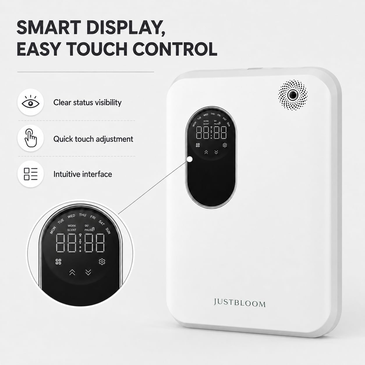 JUSTBLOOM Hotel Essential Oil Diffuser, Waterless Fragrance Diffuser | Up to 4000 Sq Ft: Smart App Control, Cold Air Diffusion, ,360° Ambient Light, Auto Shut-Off, Premium Aluminum Design