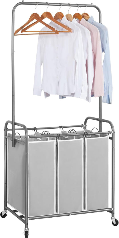 STORAGE MANIAC Laundry Sorter with Hanging Bar, Portable, Removable Laundry Hamper Cart with Heavy Duty Lockable Wheels and Removable Bags, Rolling Laundry Basket Organizer 181L, 4 Section Gray