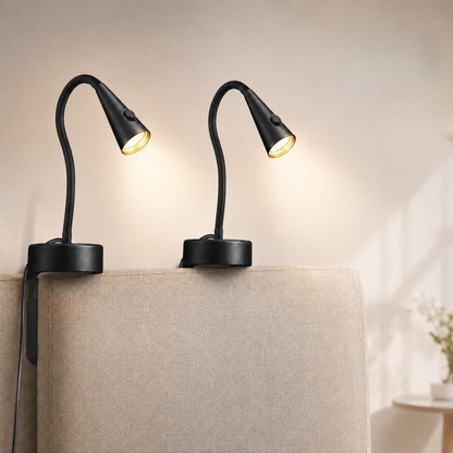 Headboard Reading Light, Black Bedside Lamp, No-Drill Book Light for Bedtime Reading, Dimmable LED, Flexible Gooseneck, 360°Adjustable, Plug-in Reading Lamp Movable-1 Pack