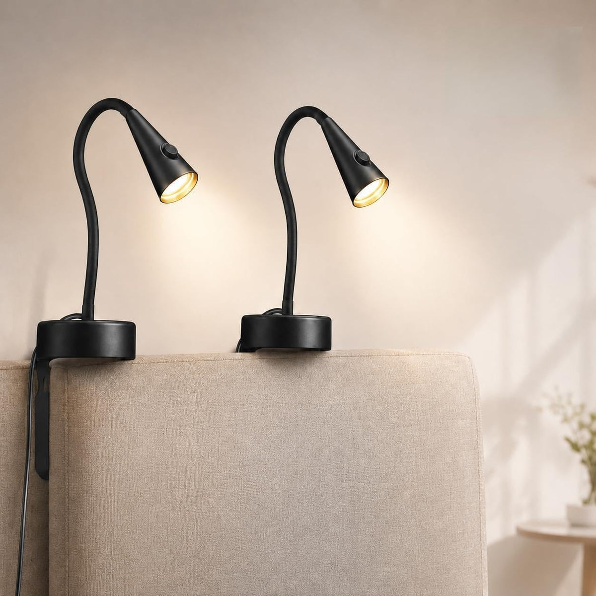 Headboard Reading Light, Black Bedside Lamp, No-Drill Book Light for Bedtime Reading, Dimmable LED, Flexible Gooseneck, 360°Adjustable, Plug-in Reading Lamp Movable-1 Pack