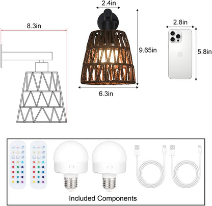 Boho Battery Operated Wall Sconces, Rattan Wall Sconce Set of 2 with Remote, RGB 15 Colors Dimmable Rechargeable Wall Light, Black Indoor Wireless Wall Lamp, Farmhouse Rattan Wall Lighting for Bedroom