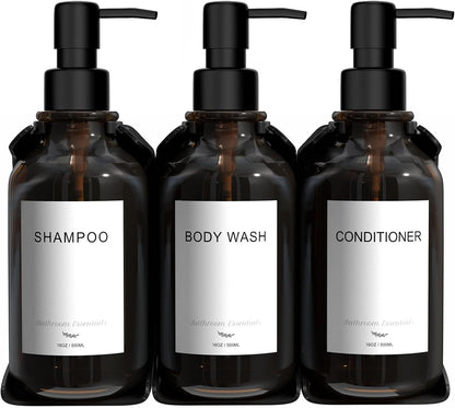 Modern Shampoo and Conditioner Dispenser - Shower Soap Dispenser Wall Mounted - 3-Pack 16 oz Plastic Amber Bottles with Black Pumps - Stylish Shampoo Dispenser, Shower Dispenser 3 Chamber No Drill