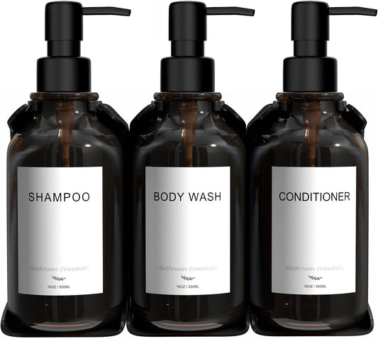 Modern Shampoo and Conditioner Dispenser - Shower Soap Dispenser Wall Mounted - 3-Pack 16 oz Plastic Amber Bottles with Black Pumps - Stylish Shampoo Dispenser, Shower Dispenser 3 Chamber No Drill