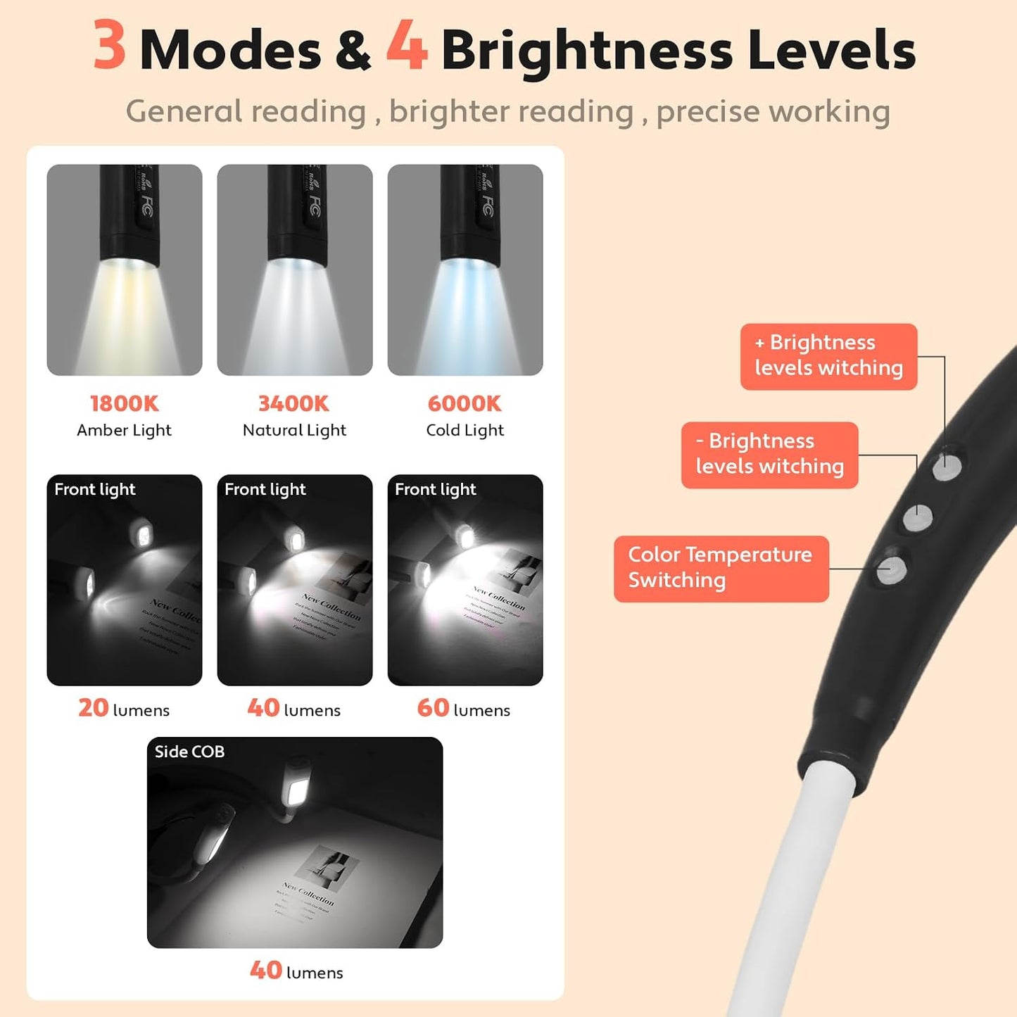 Neck Reading Light LED Brightness Rechargeable Bendable Book Lamp for Reader Lover in Bed Knitting Camping Repairing Gifts Orange