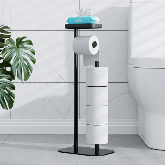 Kitsure Metal Toilet Paper Holder Free Standing, Medium, Black | Rustproof Toilet Paper Stand for 4 Rolls, Bathroom Organizers and Storage with Anti-Slip Base and Plastic Shelf