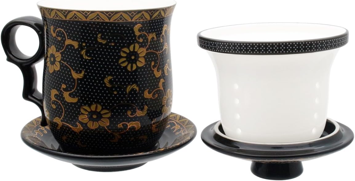 Porcelain Tea Cup with Infuser Lid and Saucer Sets - Chinese Jingdezhen Ceramics Coffee Mug Teacup Loose Leaf Tea Brewing System for Home Office