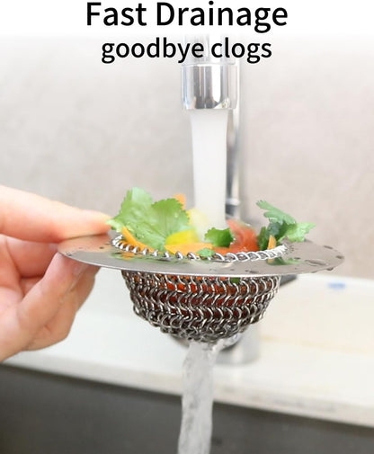 Reversible Kitchen Sink Drain Strainer Basket, Fits Sink & Garbage Disposal | Fast Drainage, Anti-Slip, Easy Clean, Anti-Clogging, Rust-Proof, Large Capacity, Universal 4.4-Inch, Patented Chain Mesh