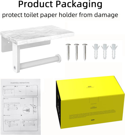 Gypie Marble Toilet Paper Holder with Shelf, Wall Mounted Matte Black | Stainless Steel Tissue Roll Paper Holder Dispenser for Bathroom Washroom