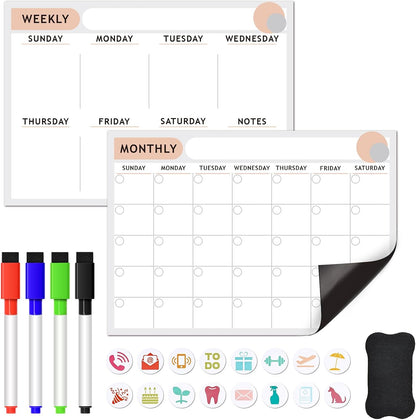 ARVOK Fridge Calendar, Magnetic Weekly & Monthly Calendar for Refrigerator- 2 Packs A3 16.5"x11.6" Reusable Planner Dry Erase Calendar Whiteboard with 4 Markers, 16 Magnets & Eraser for Family Schedule, Meal Menu, To-Do List