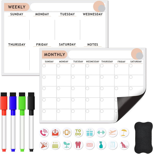 ARVOK Fridge Calendar, Magnetic Weekly & Monthly Calendar for Refrigerator- 2 Packs A3 16.5"x11.6" Reusable Planner Dry Erase Calendar Whiteboard with 4 Markers, 16 Magnets & Eraser for Family Schedule, Meal Menu, To-Do List