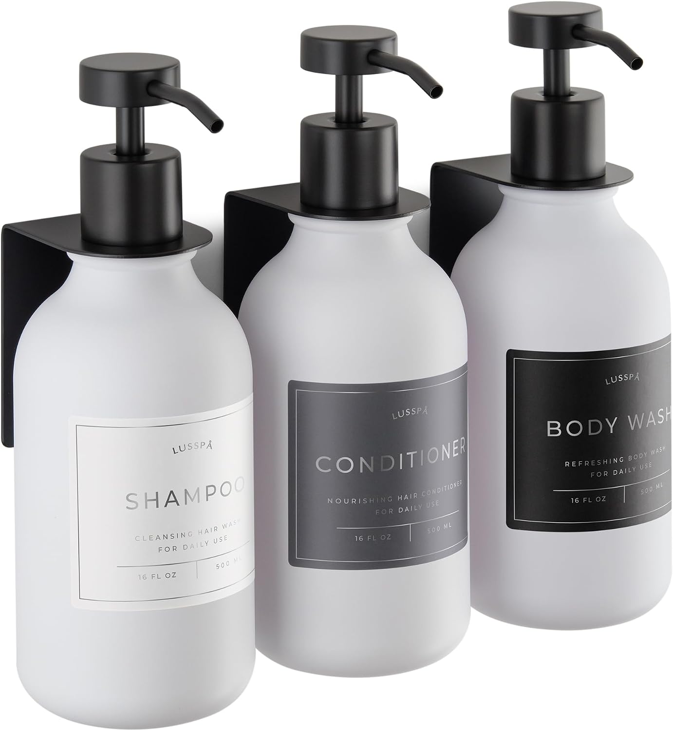 Shower Shampoo Dispenser Wall Mounted – 3 Refillable 16.9 oz Clear Bottles with Stainless Steel Pumps & No-Drill Adhesive Holders – Soap Dispenser Set for Bathroom (3 X Clear/Silver)