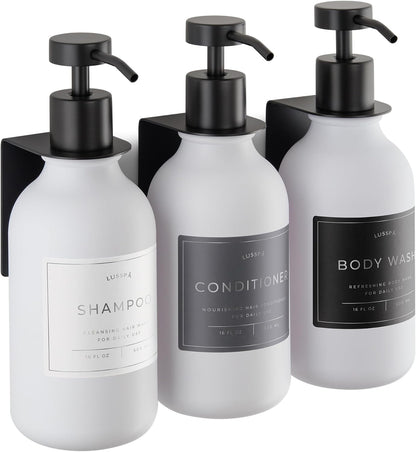 Shower Shampoo Dispenser Wall Mounted – 3 Refillable 16.9 oz Clear Bottles with Stainless Steel Pumps & No-Drill Adhesive Holders – Soap Dispenser Set for Bathroom (3 X Clear/Silver)