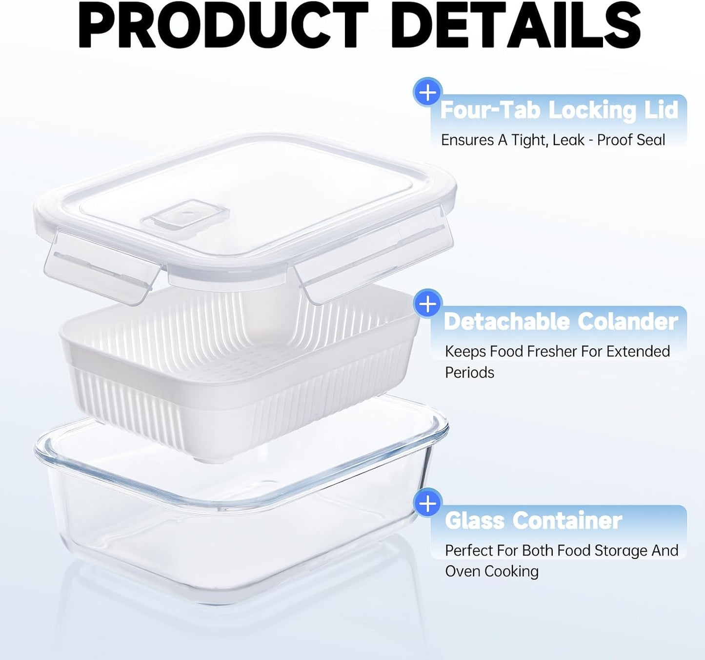 Glass Fruit Storage Containers with Colander, Detachable Colander, 2 Pack | Leak-Proof And Four-Tab Locking Lid | Glass | For Daily Use/Travel/Cooking | Fruit/Vegetable/Lunch