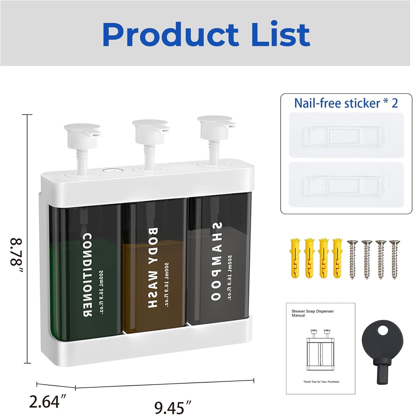 Shampoo and Conditioner Dispenser Shower Soap Dispenser 3 Chamber No Drill, 3 * 16.9 fl.oz Shampoo Dispenser for Shower Wall Mounted Shower Shampoo Dispenser 3 Chamber for Bathroom Hotel Black