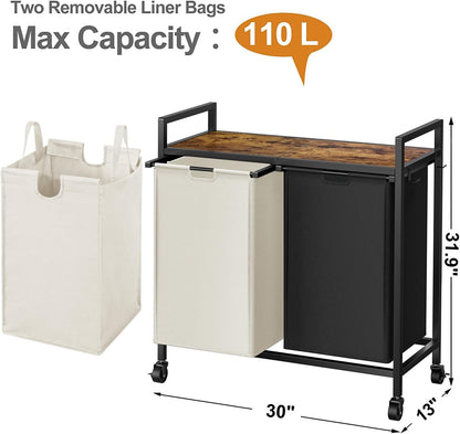 WOWLIVE Double Laundry Hamper with Wheels, Rolling Laundry Basket Organizer | Laundry Hamper 2 section with Lid, Iron-Made Laundry Sorter with Shelf, Removable Bags, Large Clothes Storage, White