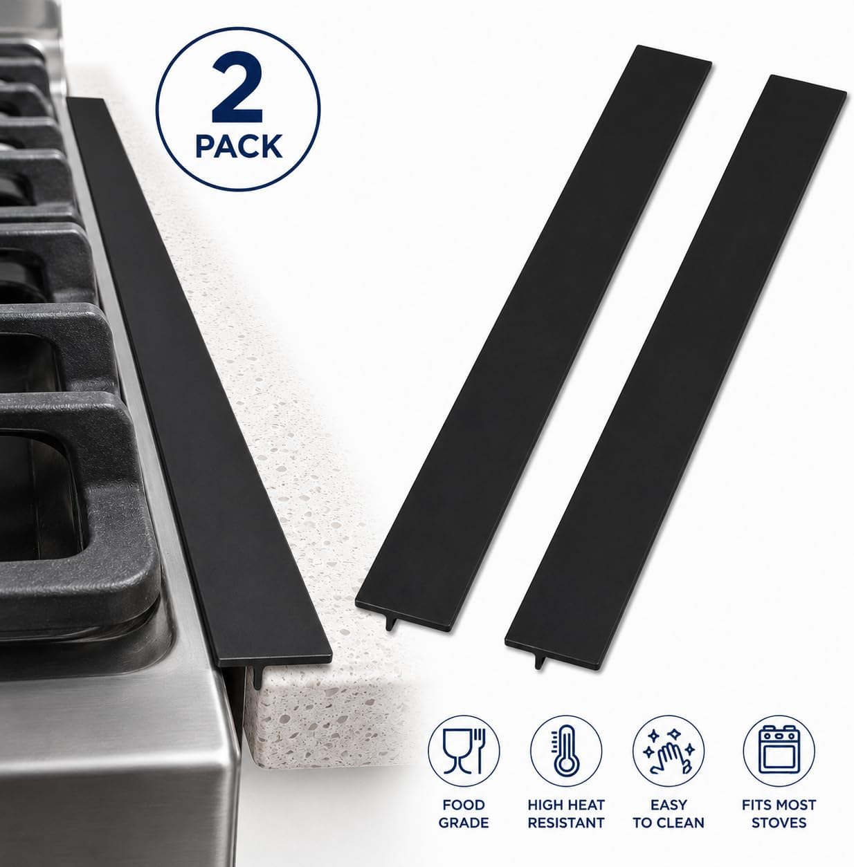 2-Pack Stove Gap Covers for Kitchen Counters 22" Silicone Gap Filler Heat Resistant Food Grade Easy Clean (Black)