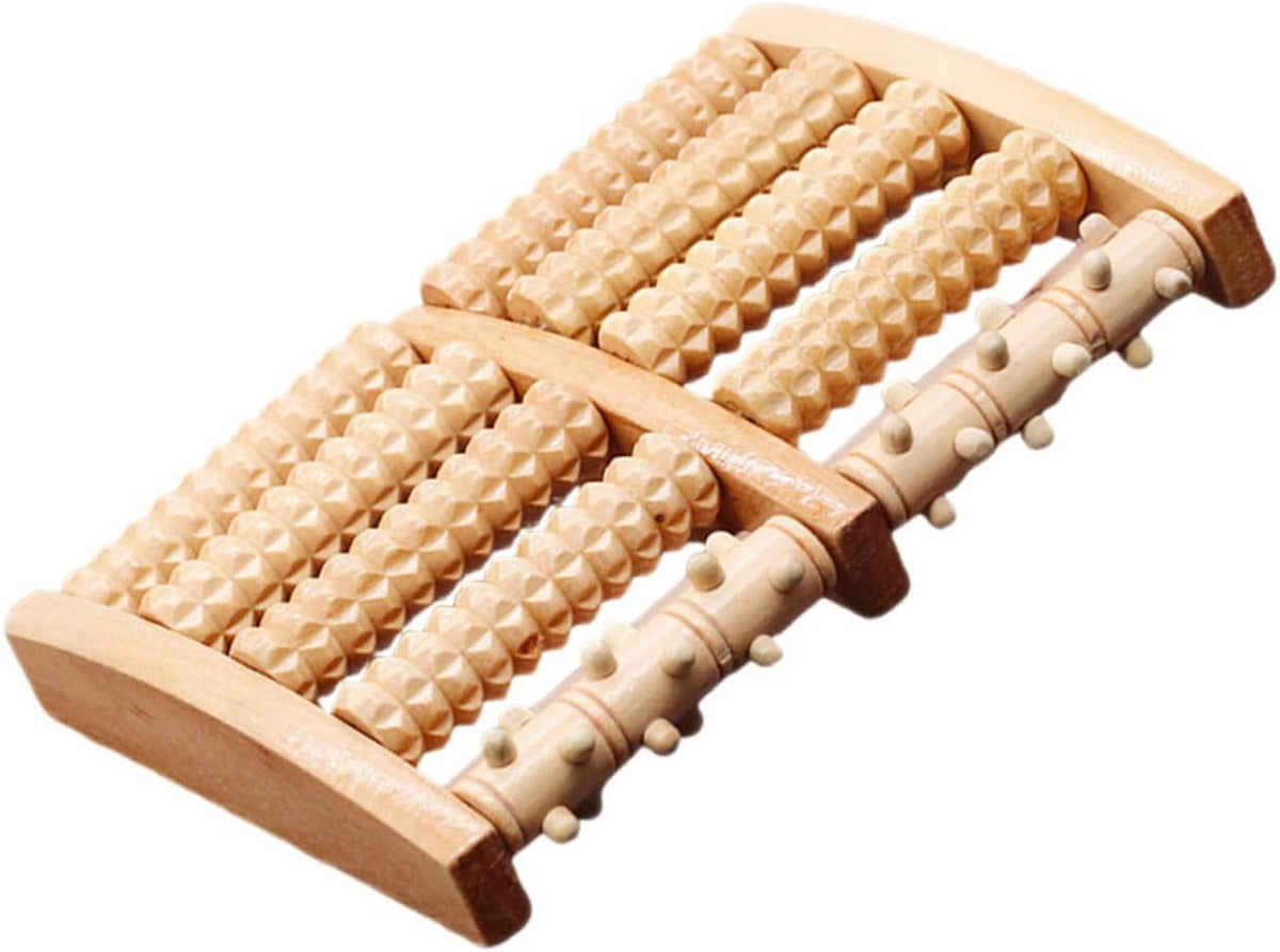 Wooden Dual Foot Massager Roller with Five Row Beads for Feet