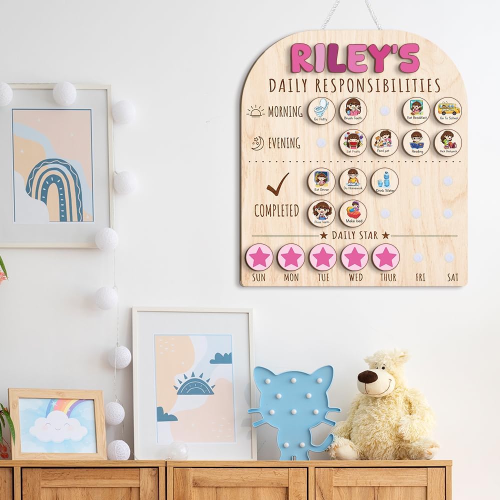 Daily Routine Chart for Kids, Visual Schedule, Routine Chart for Toddlers 3-5, Morning Bedtime Routine Chart for Toddlers, Wooden Chore Chart for Kids