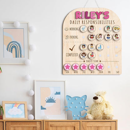 Daily Routine Chart for Kids, Visual Schedule, Routine Chart for Toddlers 3-5, Morning Bedtime Routine Chart for Toddlers, Wooden Chore Chart for Kids
