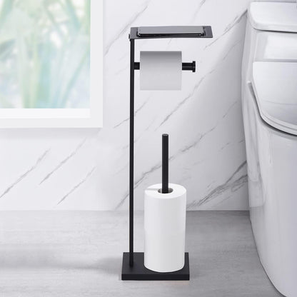 Miyili Matte Black Freestanding Toilet Paper Holder with Shelf, Premium SUS 304 Stainless Steel Bathroom Storage Organizer & Paper Towel Dispenser