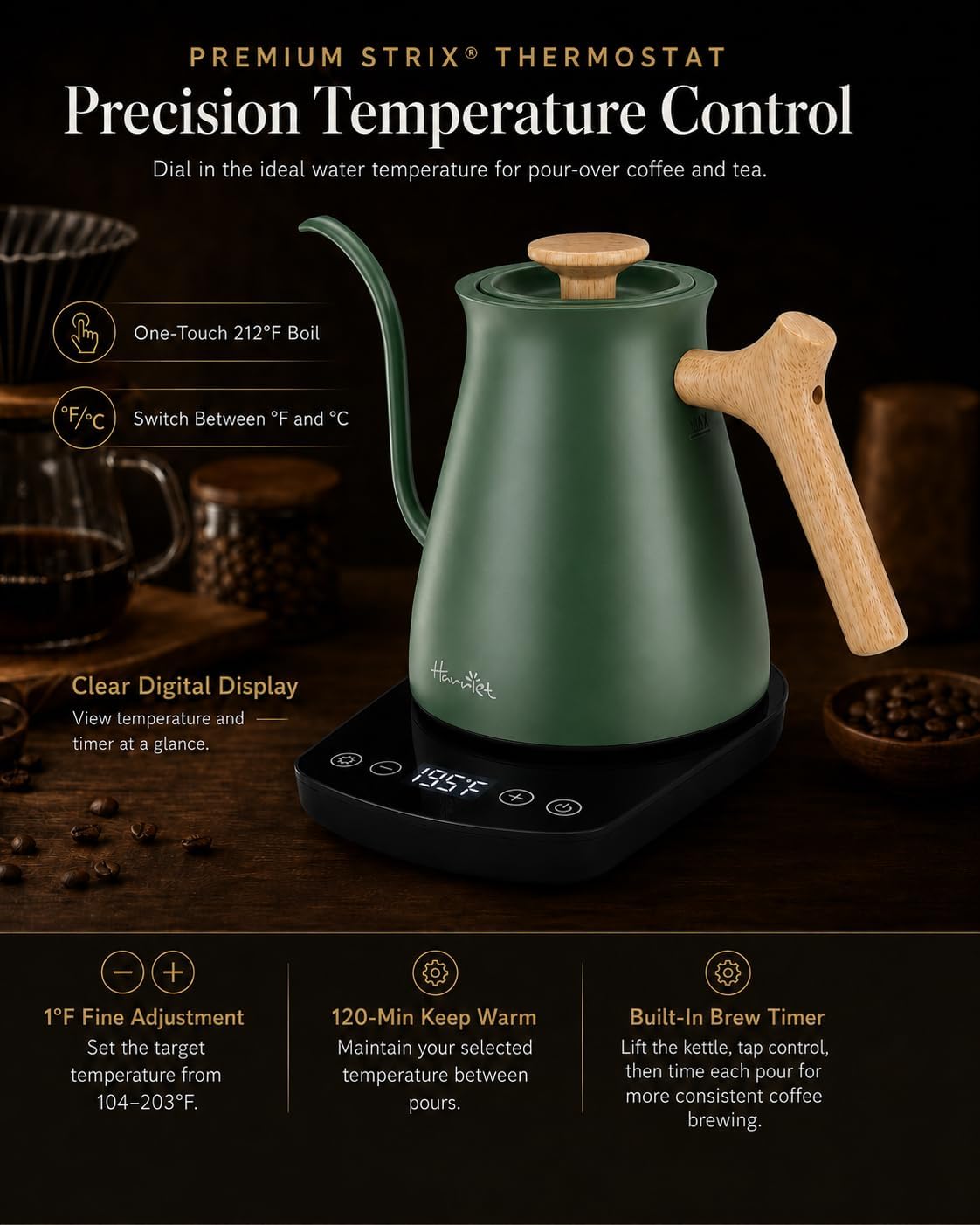 Harriet Gooseneck Electric Kettle for Pour Over Coffee, Variable Temperature, 1200W Fast Boil, Brew Timer, 2-Hour Keep Warm, Stainless Steel Interior, Wooden Handle