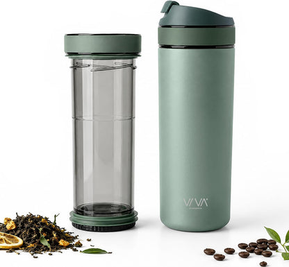 VIVA Recharge Tea Infuser Bottle, 16 oz Insulated Stainless Steel Travel Tea Tumbler with Infuser for Loose Leaf, Hot & Cold Tea & Coffee, Patented Steep Control, Leak-Resistant Lid - Mustard