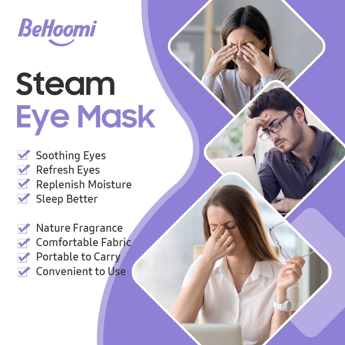 BeHoomi 20 Packs Steam Eye Mask, Heated Eye Mask Warm Compress for Eyes, Disposable Self Heating Steam Mask for Home, Sleep, Spa, Travel Essentials & Relaxation Gifts for Women (Unscented)