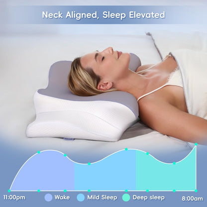 Cervical Neck Pillow, Memory Foam Pillows for Neck and Shoulder Pain Relief, 2 Heights Ergonomic Pillow with Breathable Ice Silk Cover, Neck Support Pillow for Side Sleepers White