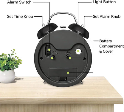 4.5" Metal Loud Alarm Clock for Heavy Sleepers Adults, Analog Battery Operated Alarm Clock with Bells Glow in Dark Numbers, Silent Old School Bedside Desk Clock for Bedroom Office Kids, Black