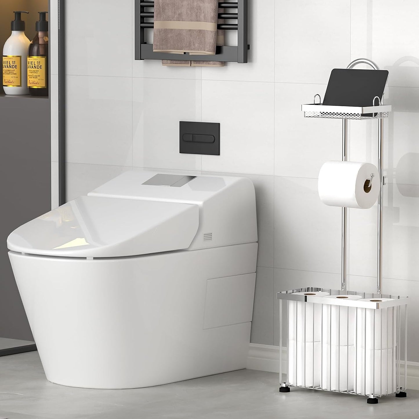 Freestanding Toilet Paper Holder Toilet Tissue Rack Scroll Stand Roll Dispenser with Storage Shelf Reserve for Phone Tablet Magazine Bathroom Organizer Bath Tissue Organizer (Silver)