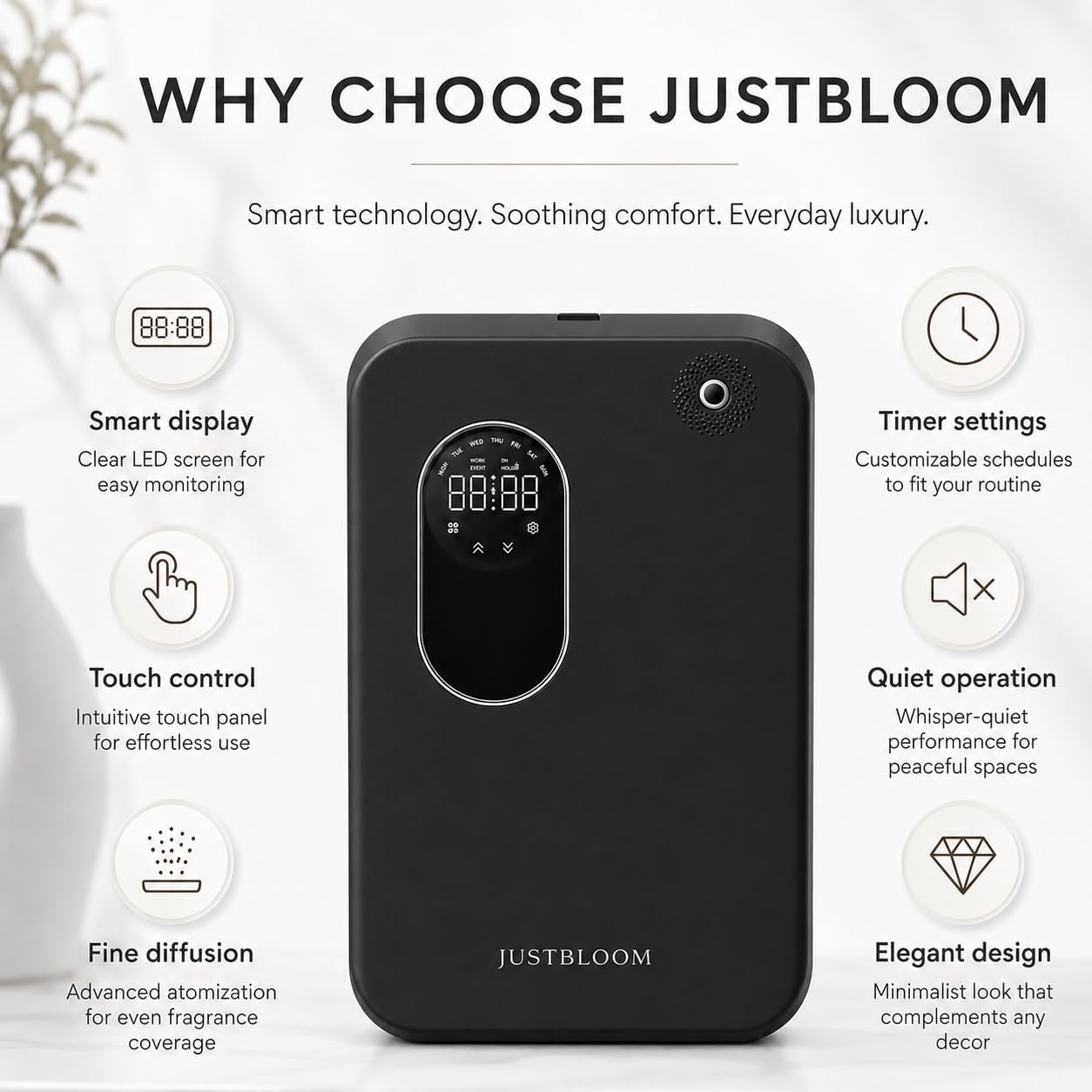 JUSTBLOOM Hotel Essential Oil Diffuser, Waterless Fragrance Diffuser | Up to 4000 Sq Ft: Smart App Control, Cold Air Diffusion, ,360° Ambient Light, Auto Shut-Off, Premium Aluminum Design