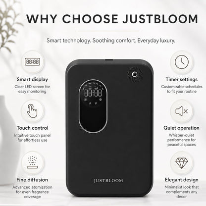 JUSTBLOOM Hotel Essential Oil Diffuser, Waterless Fragrance Diffuser | Up to 4000 Sq Ft: Smart App Control, Cold Air Diffusion, ,360° Ambient Light, Auto Shut-Off, Premium Aluminum Design